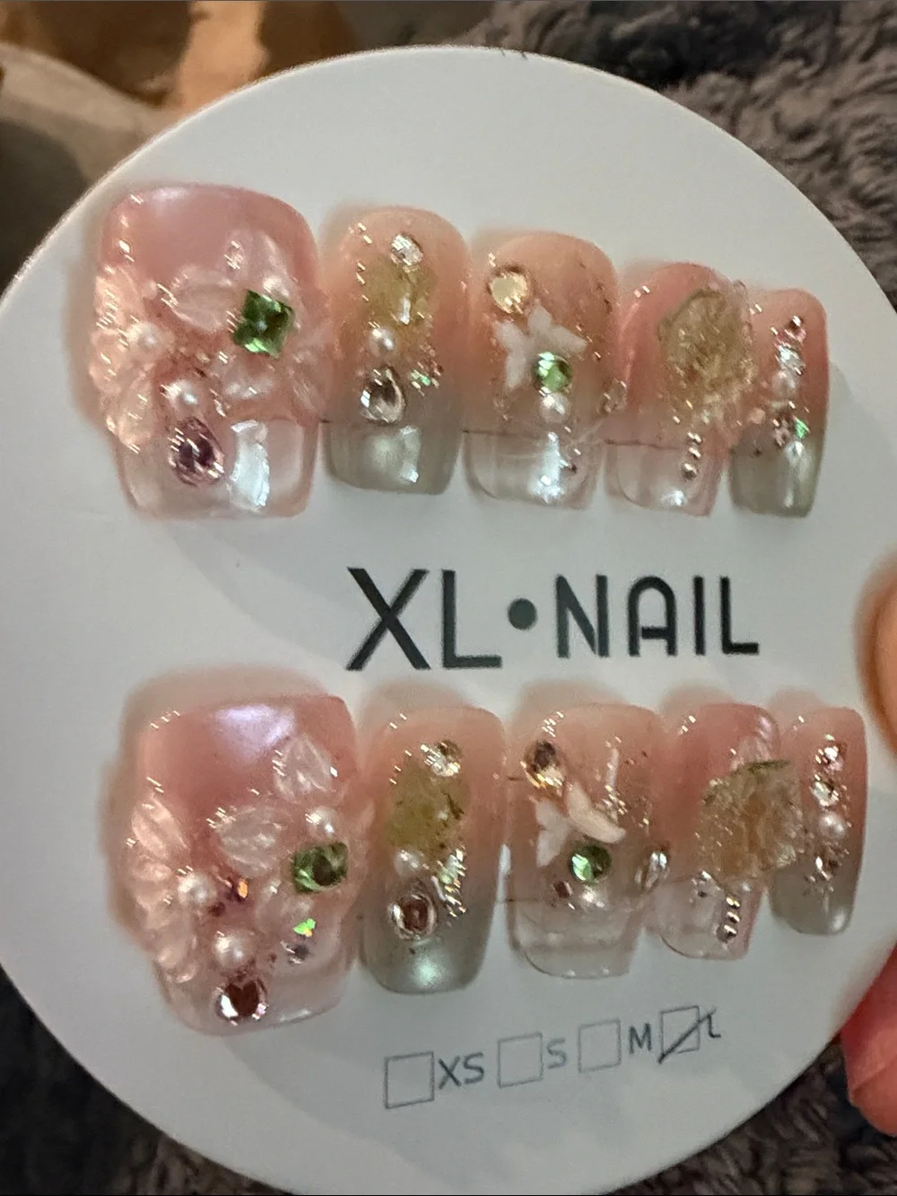 Pink and green Pearl Floral handmade acrylic Press-On Nail Set